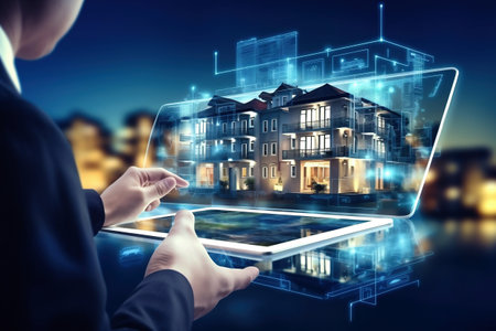 A tablet with a house on top of it. Mortgage Planning of modern development. Lending and insurance of residential propertyの素材