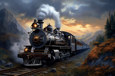 A train traveling down train tracks next to a lush green field. Smoke from the chimney of a retro trainの素材