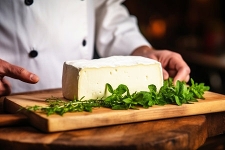 A farmer demonstrates a piece of cheese he made with his own hands. Homemade cheese production on a farm. Natural product. Close-up. Farming conceptの素材