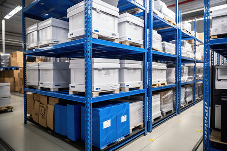 A large warehouse filled with neatly stacked plastic containers and boxes. Large space for storing and moving goods. logistics. Trade in the modern worldの素材