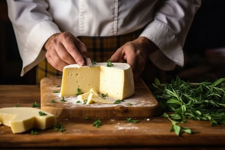 A person cutting cheese on a cutting board. Farmer or chef makes cheese sliceの素材