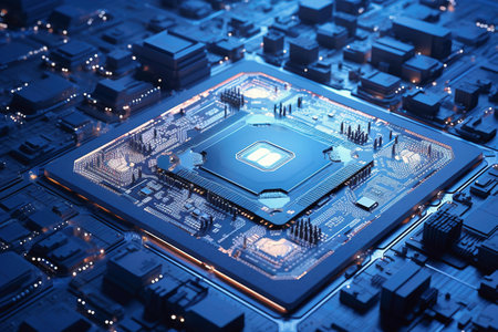 A powerful computer processor or chip on a motherboard. modern technologies. blue backgroundの素材