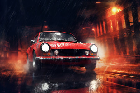 A red sports car driving down a street in the rainの素材