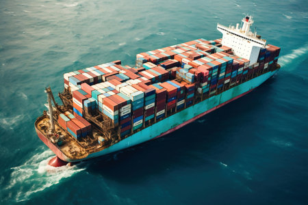 Global business logistics of import-export cargo. Cargo ship with sea containers on board in the port. Transportation of goods across the ocean. Ship with containers in the oceanの素材