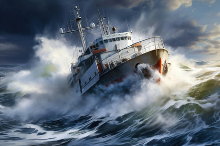 A cargo or fishing ship is caught in a severe storm. Ship at sea on big waves. The threat of shipwreck. element in the ocean. The hard work of a sailorの素材