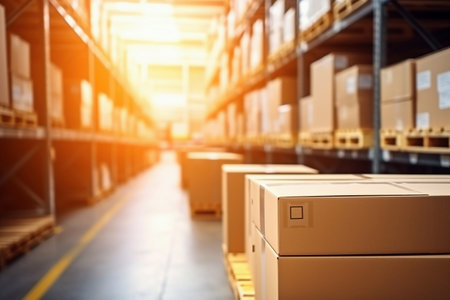 A large warehouse filled with neatly stacked boxes. selective focus. Large space for storing and moving goods. Logistics. Trade in the modern worldの素材