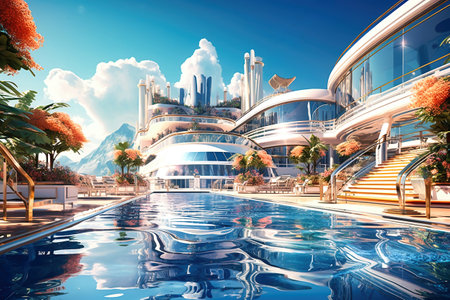 View on top deck with swimming pool on a cruise ship. vacation on a cruise ship. cruise. Descent on the shipの素材