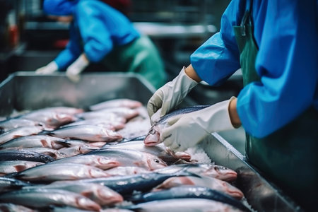 fish processing plant. production line. People sort the fish moving along the conveyor. Sorting and preparation of fish. Production of canned fish. modern food industryの素材