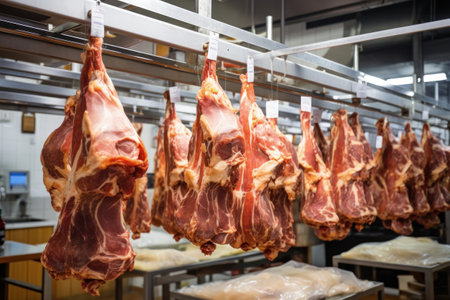 Meat processing plant. Raised meat for further processing in the production hall. The arrival of jamon or cold cuts. Natural fresh meat product. Production of pork or beef in a modern enterpriseの素材