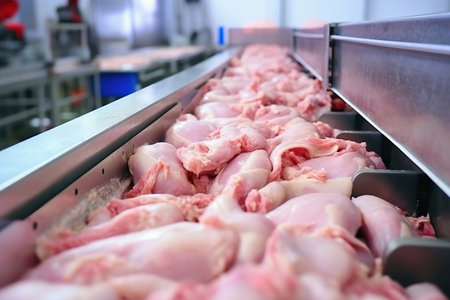 Poultry farm for the production of chicken meat. Industrial production and packaging of chicken meat. Chicken fillet and tenderloin on a conveyor in the workshop. modern food industryの素材