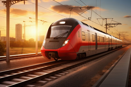 A red and white train traveling down train tracks. high-speed suburban train at sunsetの素材