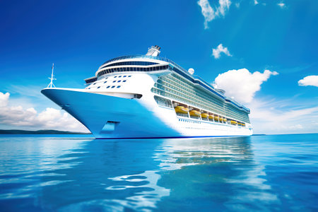 A huge cruise line travels across the sea. sea travel vacation. Seascape overlooking a cruise liner. Passenger liner on the high seas. Tourist travel in the oceanの素材