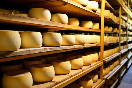 A large production room filled with many racks and shelves with different types of cheese. The cheese matures in a special room at the factory. Cheese production and storageの素材