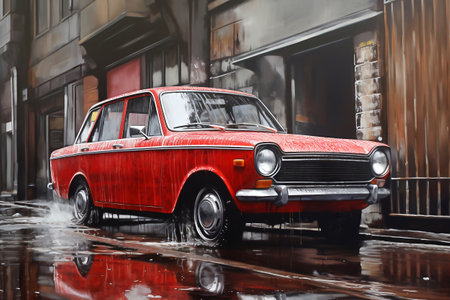 A red sports car driving down a street in the rainの素材