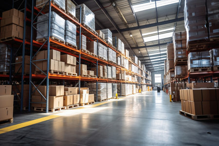 A large warehouse filled with neatly stacked boxes. selective focus. Large space for storing and moving goods. Logistics. Trade in the modern worldの素材