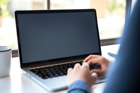 A person using a laptop computer on a deskの素材