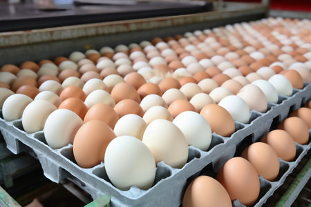 Chicken eggs move along a conveyor in a poultry farm. Food industry concept, chicken egg production. Lots of brown and white chicken eggsの素材