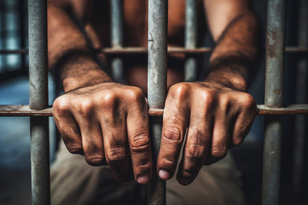The male prisoner grabbed the prison bars with his hands. The pain and suffering of the prisoner. The inevitability of a judicial verdict. Hopelessness. The punishment of the criminalの素材