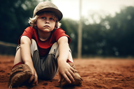 A young boy sitting in the dirt wearing a hatの素材