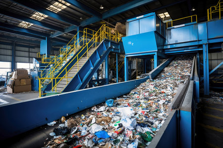 Waste sorting plant. Many different conveyors and bins. conveyors filled with various household waste. Waste disposal and recycling. Waste processing plantの素材