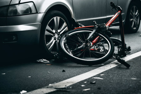 Groceries and broken bike on pedestrian crossing after collision with a car. Car accident on the street, hit by a cyclist after a collision. Violation of traffic rulesの素材