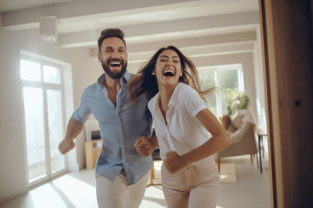 Young happy married couple in their new home after moving house. Young cheerful people run to a new house or apartment. new homeowners. Mortgage. Rental property. Affordable housingの素材