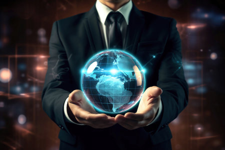 A man in a suit holding a glowing globe in his handsの素材