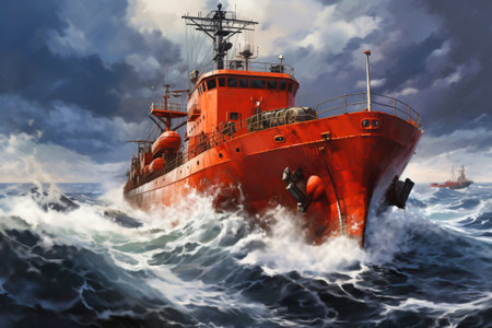 A cargo or fishing ship is caught in a severe storm. Ship at sea on big waves. The threat of shipwreck. element in the ocean. The hard work of a sailorの素材