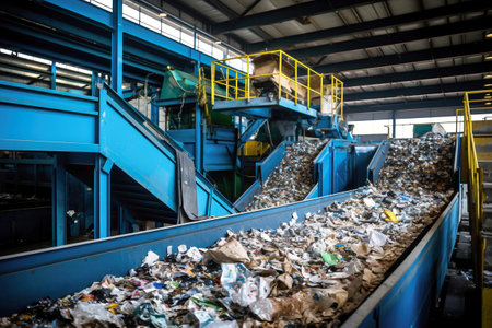 Waste sorting plant. Many different conveyors and bins. conveyors filled with various household waste. Waste disposal and recycling. Waste processing plantの素材