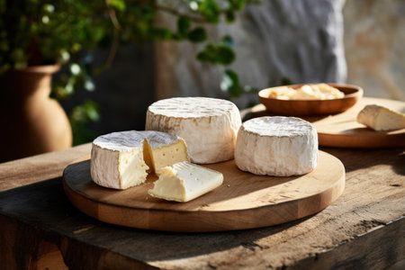 A wooden table topped with cheese on top of a cutting boardの素材