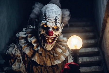 Creepy clown for halloween, holding a lit candle or lamp in a dark room. Celebrating Halloween or Thanksgiving Day. Clown costumeの素材