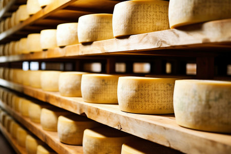 A large production room filled with many racks and shelves with different types of cheese. The cheese matures in a special room at the factory. Cheese production and storageの素材