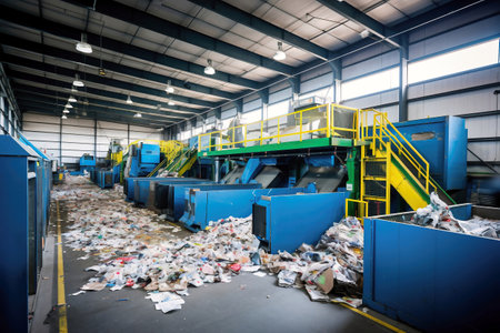 Waste sorting plant. Many different conveyors and bins. conveyors filled with various household waste. Waste disposal and recycling. Waste processing plantの素材