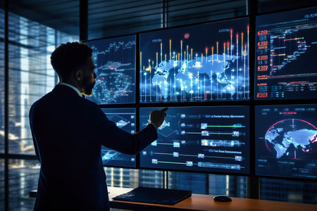 A business man watches monitors with quotes charts. Market analysis. Stock quote. Cryptocurrency rate. Global economic analysisの素材