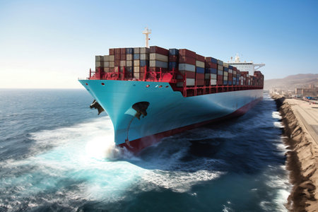 Global business logistics of import-export cargo. Cargo ship with sea containers on board in the port. Transportation of goods across the ocean. Cargo ship on the waves in the seaの素材