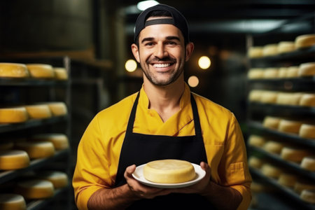 A man farmer checks the readiness of his homemade cheese. The cheese matures in the farmer's basement. Homemade cheese production. Natural productの素材
