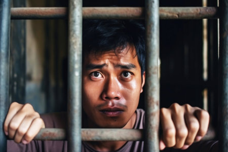 An Asian prisoner in a cell behind bars. Young man in prison. Despair, sadness and loneliness of the person who committed the crimeの素材