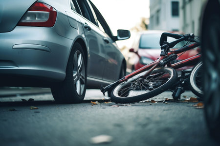 Groceries and broken bike on pedestrian crossing after collision with a car. Car accident on the street, hit by a cyclist after a collision. Violation of traffic rulesの素材
