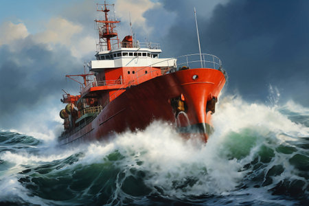A cargo or fishing ship is caught in a severe storm. Ship at sea on big waves. The threat of shipwreck. element in the ocean. The hard work of a sailorの素材
