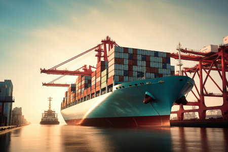 Global business logistics import-export cargo. Cargo ship with sea containers on board in the port. Transportation of goods across the ocean. Sea container ship is escorted by tugs to the portの素材