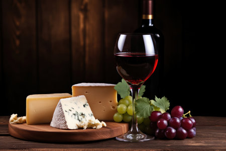 A glass of wine, cheese, and grapes on a tableの素材