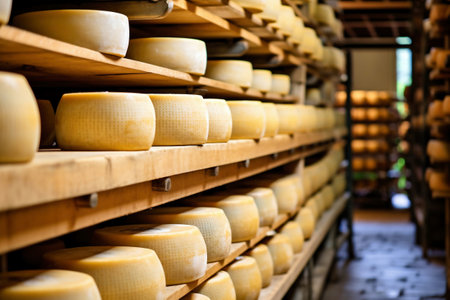 A large production room filled with many racks and shelves with different types of cheese. The cheese matures in a special room at the factory. Cheese production and storageの素材