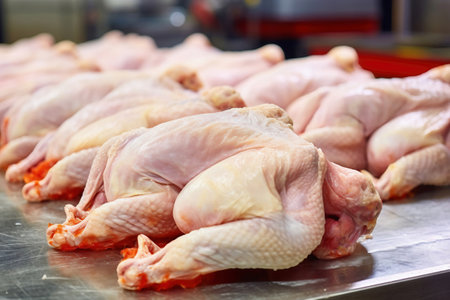 Poultry farm production of chicken meat. Industrial production and packaging of chicken meat. Chicken carcases and tenderloin. modern food industryの素材