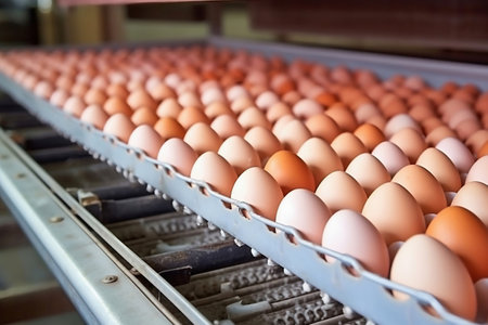 Chicken eggs move along a conveyor in a poultry farm. Food industry concept, chicken egg production. Lots of brown and white chicken eggsの素材