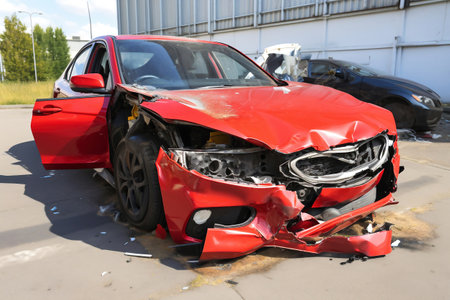 Car destroyed after an accident. Car accident on the street, damaged car after collision. Violation of traffic rules. Serious car accident. Road traffic accidentの素材