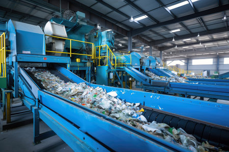 Waste sorting plant. Many different conveyors and bins. conveyors filled with various household waste. Waste disposal and recycling. Waste processing plantの素材