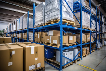 A large warehouse filled with neatly stacked plastic containers and boxes. Large space for storing and moving goods. logistics. Trade in the modern worldの素材