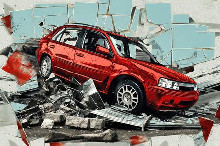 The car get damaged in an accident on the road. Broken car after a collision. Serious car accident. Road traffic accidentの素材