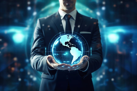 A man in a suit holding a globe in his handsの素材
