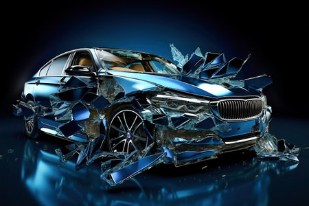 A blue car that has been smashed into pieces. Serious car accident. Road traffic accident.の素材